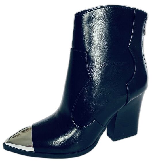 NWT Soda Black Metal Tip Western Booties Zip Faux Leather with Block Heel Sz 6M - Picture 1 of 8